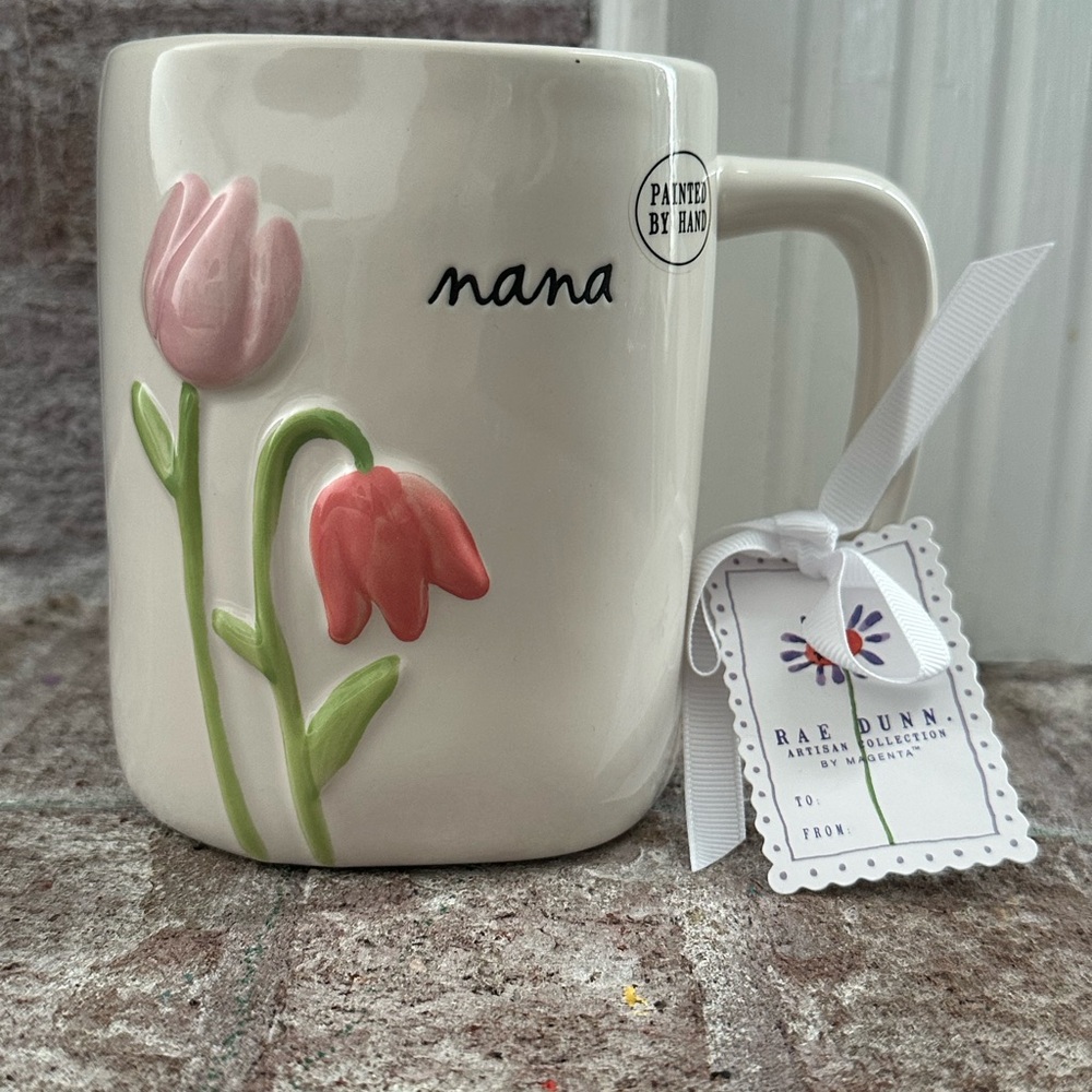 Rae Dunn Cream Ceramic 'nana' Mug with Pink & Coral Tulips